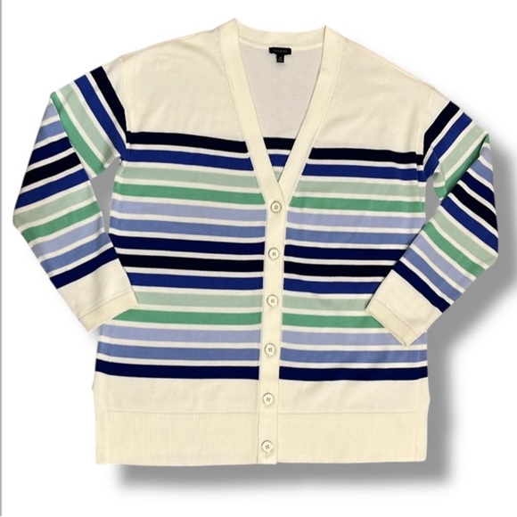 Talbots Womens Sweater Cardigan Size M Cream & Blue Stripes Academia Preppy Boxy - Picture 1 of 14